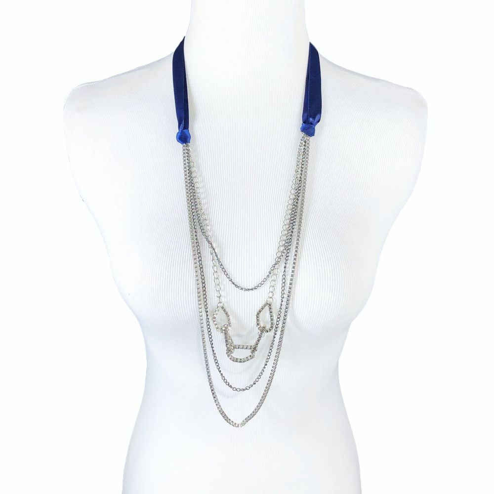 Claire's Multi Strand Necklace Blue Ribbon Chains - Picture 6 of 6